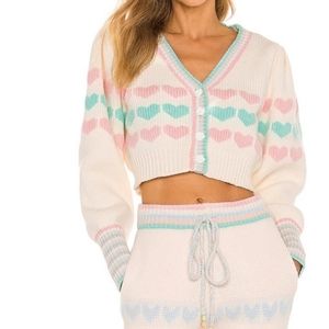 LoveShackFancy Cream Cardigan with Pink and Blue Hearts